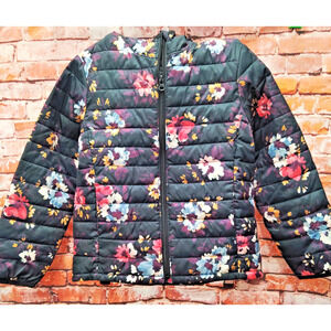 Gap Cold Control Puffer Jacket Kids Medium Black Floral Print Long Sleeve Hooded